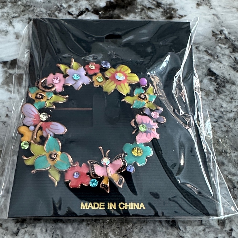 Floral Butterfly Brooch with Rhinestones
